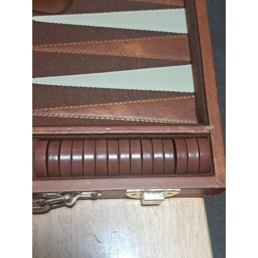 Vintage Backgammon Game Set Faux Leather Brown Case 15x10 No Instructions